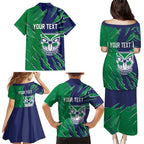 Personalized New Zealand Warriors Family Matching Puletasi and Hawaiian Shirt Dynamic Lightning Mascot Rugby Australia