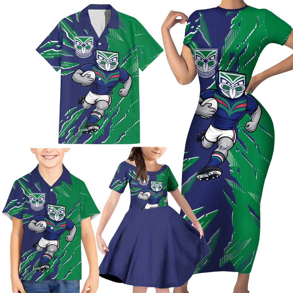 Personalized New Zealand Warriors Family Matching Short Sleeve Bodycon Dress and Hawaiian Shirt Dynamic Lightning Mascot Rugby Australia