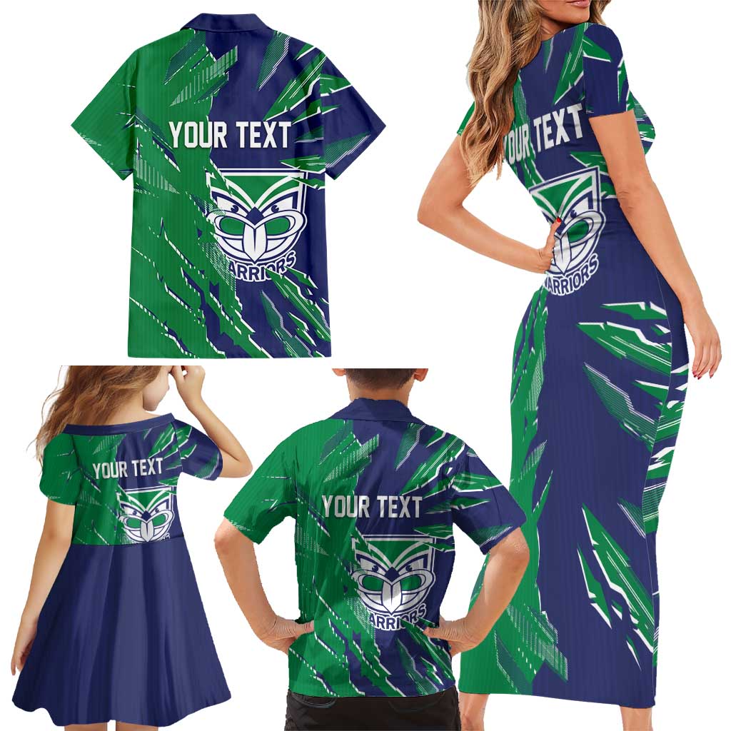 Personalized New Zealand Warriors Family Matching Short Sleeve Bodycon Dress and Hawaiian Shirt Dynamic Lightning Mascot Rugby Australia