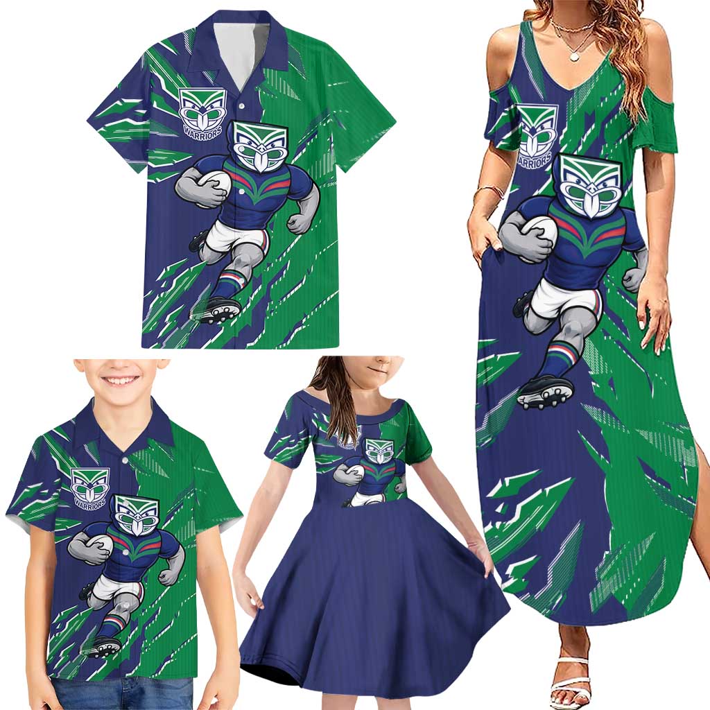 Personalized New Zealand Warriors Family Matching Summer Maxi Dress and Hawaiian Shirt Dynamic Lightning Mascot Rugby Australia