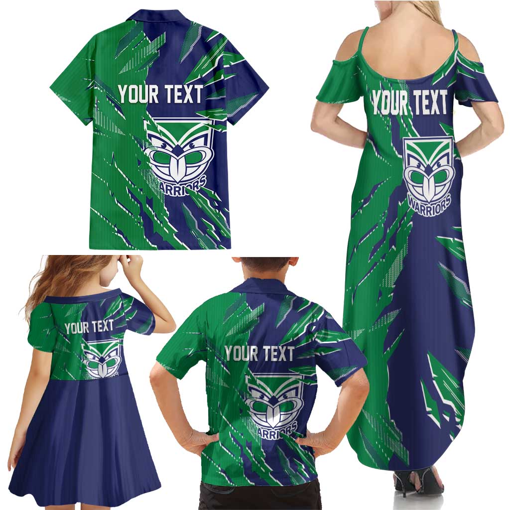 Personalized New Zealand Warriors Family Matching Summer Maxi Dress and Hawaiian Shirt Dynamic Lightning Mascot Rugby Australia