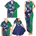 Personalized New Zealand Warriors Family Matching Tank Maxi Dress and Hawaiian Shirt Dynamic Lightning Mascot Rugby Australia