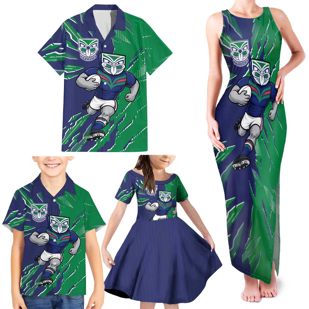 Personalized New Zealand Warriors Family Matching Tank Maxi Dress and Hawaiian Shirt Dynamic Lightning Mascot Rugby Australia