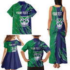 Personalized New Zealand Warriors Family Matching Tank Maxi Dress and Hawaiian Shirt Dynamic Lightning Mascot Rugby Australia