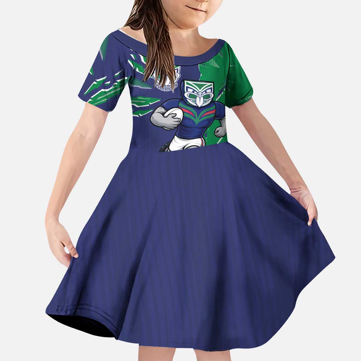 Personalized New Zealand Warriors Kid Short Sleeve Dress Dynamic Lightning Mascot Rugby Australia