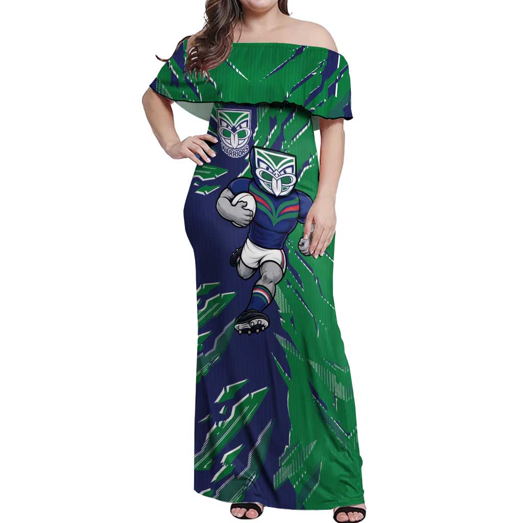 Personalized New Zealand Warriors Off Shoulder Maxi Dress Dynamic Lightning Mascot Rugby Australia