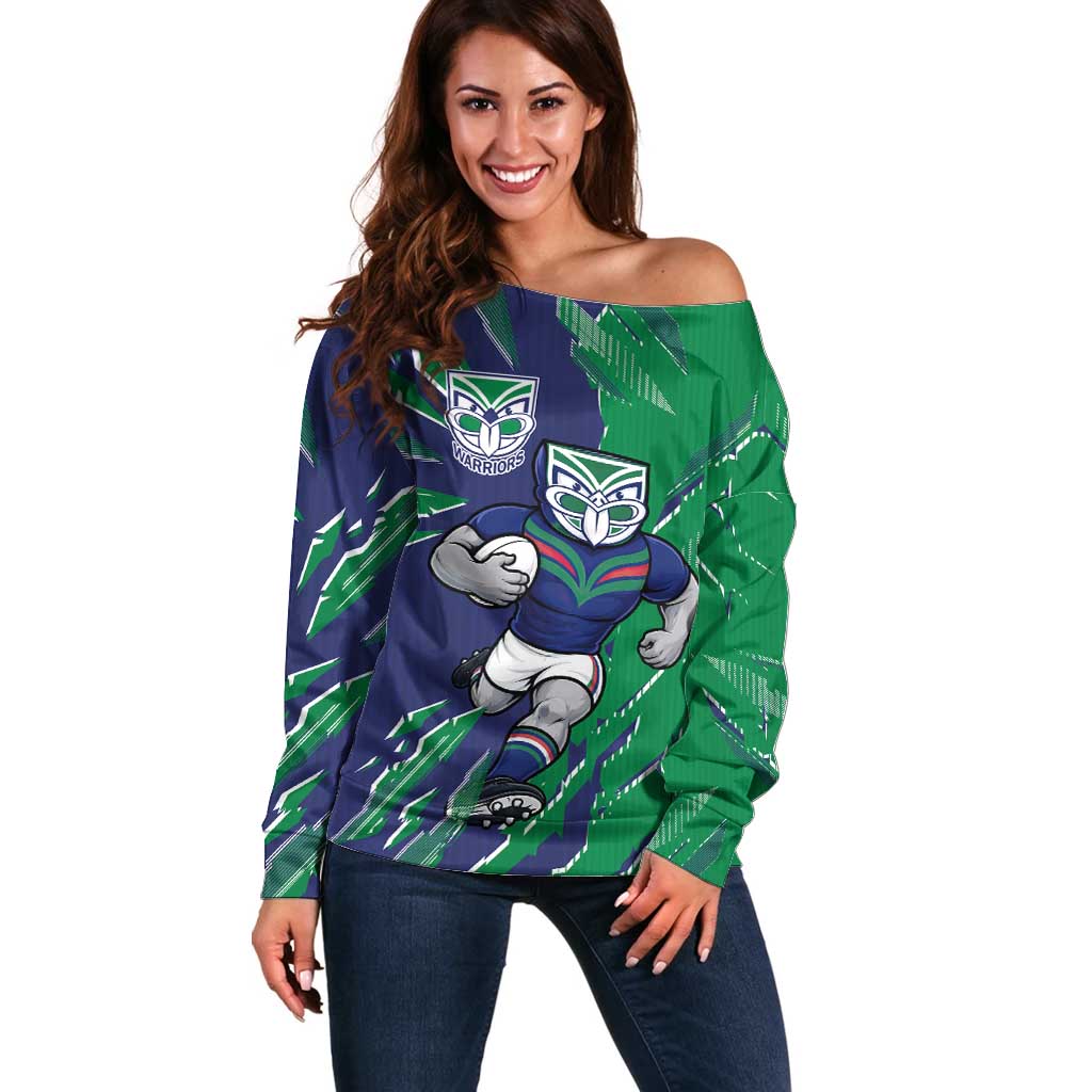 Personalized New Zealand Warriors Off Shoulder Sweater Dynamic Lightning Mascot Rugby Australia