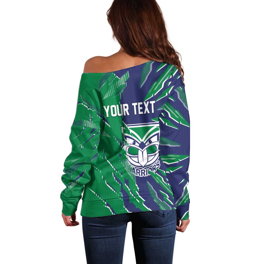 Personalized New Zealand Warriors Off Shoulder Sweater Dynamic Lightning Mascot Rugby Australia