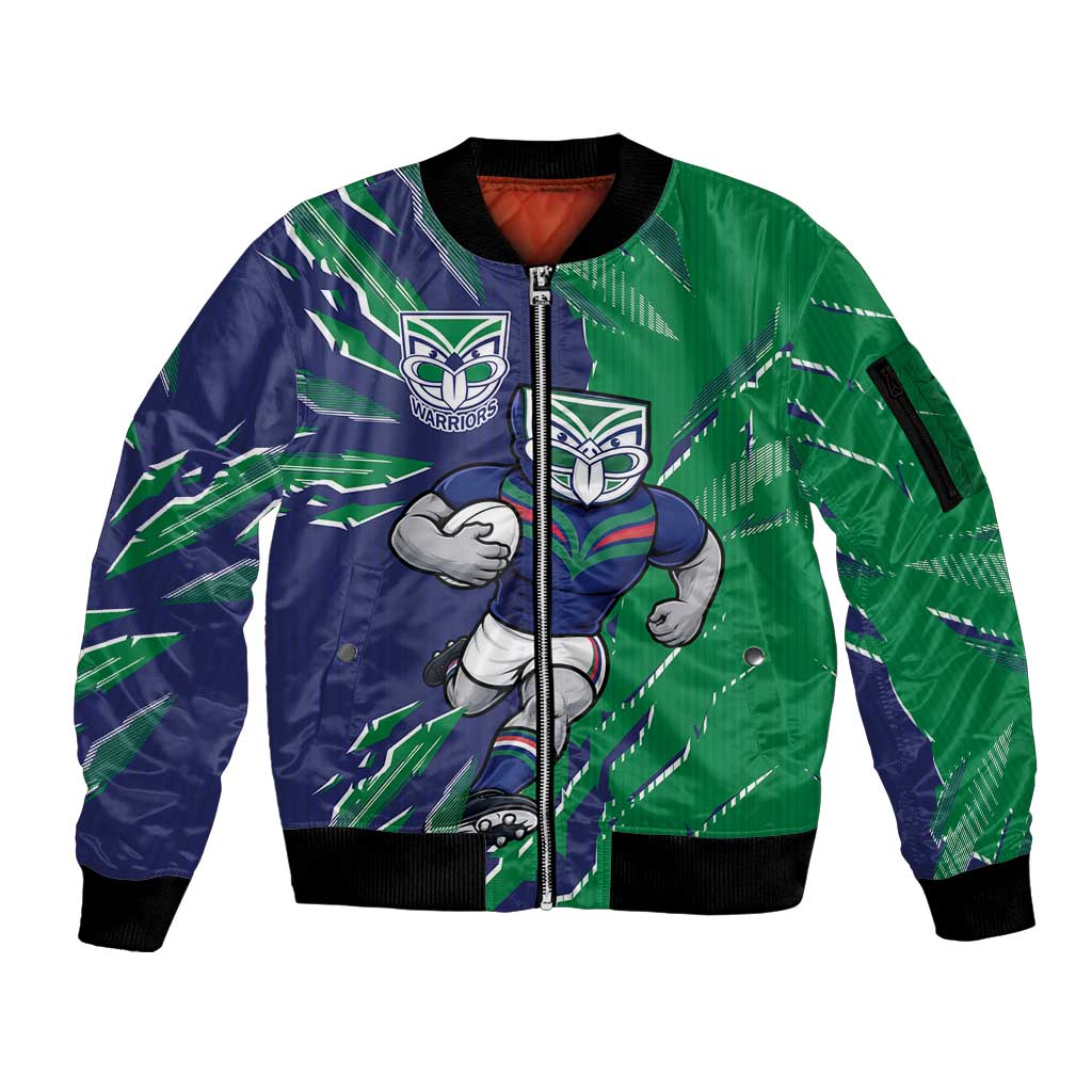 Personalized New Zealand Warriors Sleeve Zip Bomber Jacket Dynamic Lightning Mascot Rugby Australia