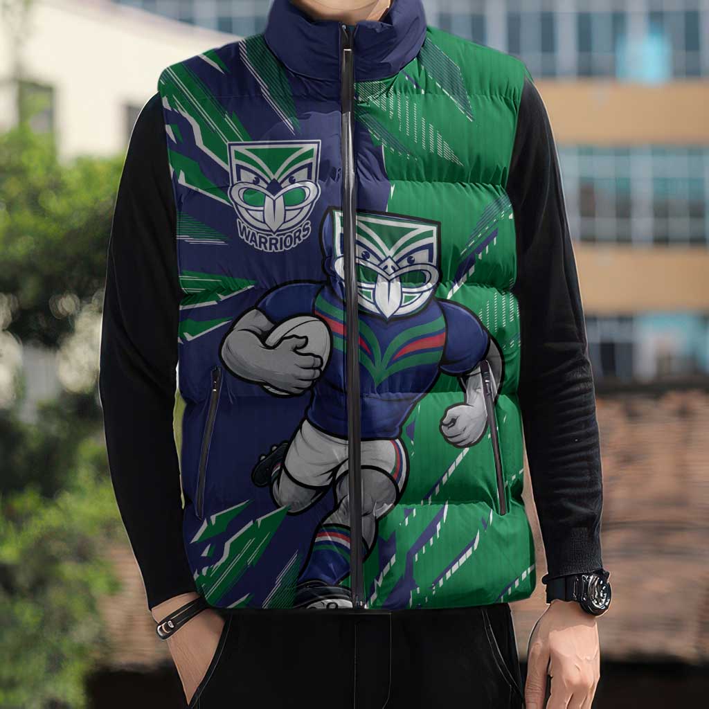 Personalized New Zealand Warriors Sleeveless Puffer Jacket Dynamic Lightning Mascot Rugby Australia