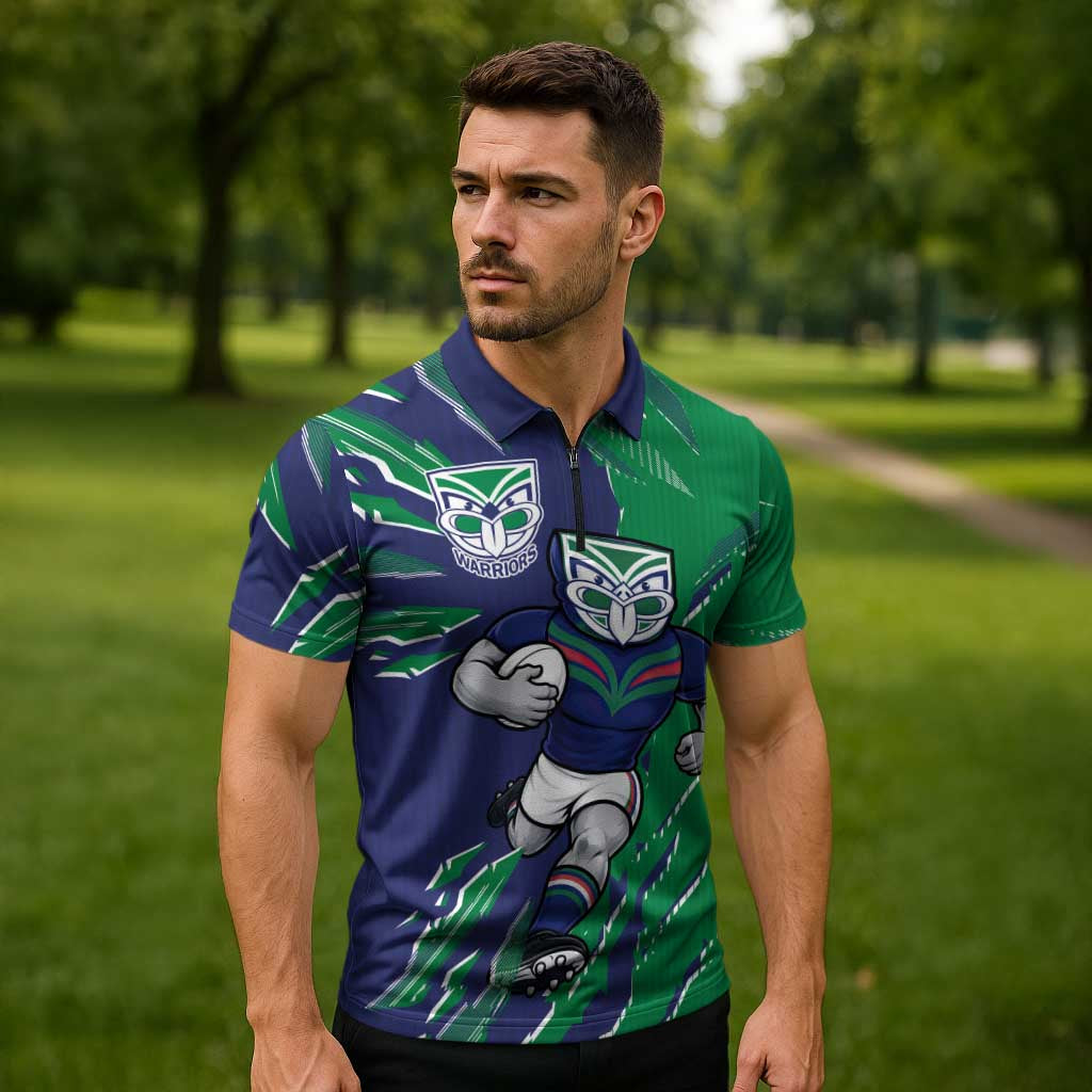 Personalized New Zealand Warriors Zipper Polo Shirt Dynamic Lightning Mascot Rugby Australia