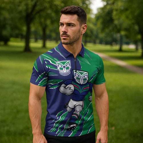 Personalized New Zealand Warriors Zipper Polo Shirt Dynamic Lightning Mascot Rugby Australia