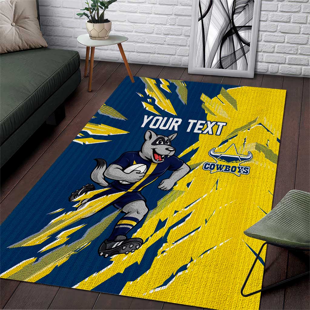 Personalized North Queensland Cowboys Area Rug Dynamic Lightning Mascot Rugby Australia
