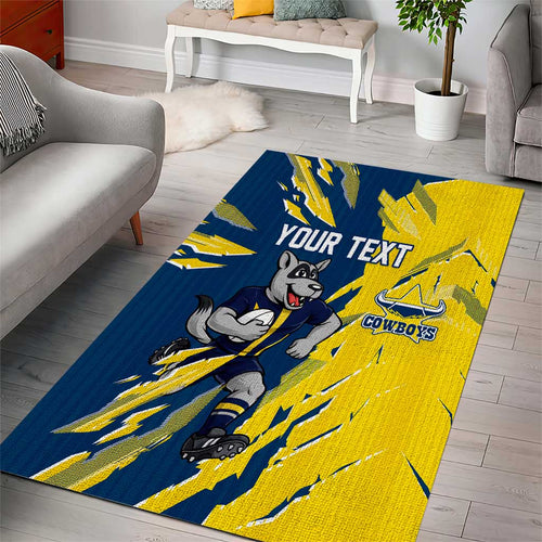 Personalized North Queensland Cowboys Area Rug Dynamic Lightning Mascot Rugby Australia