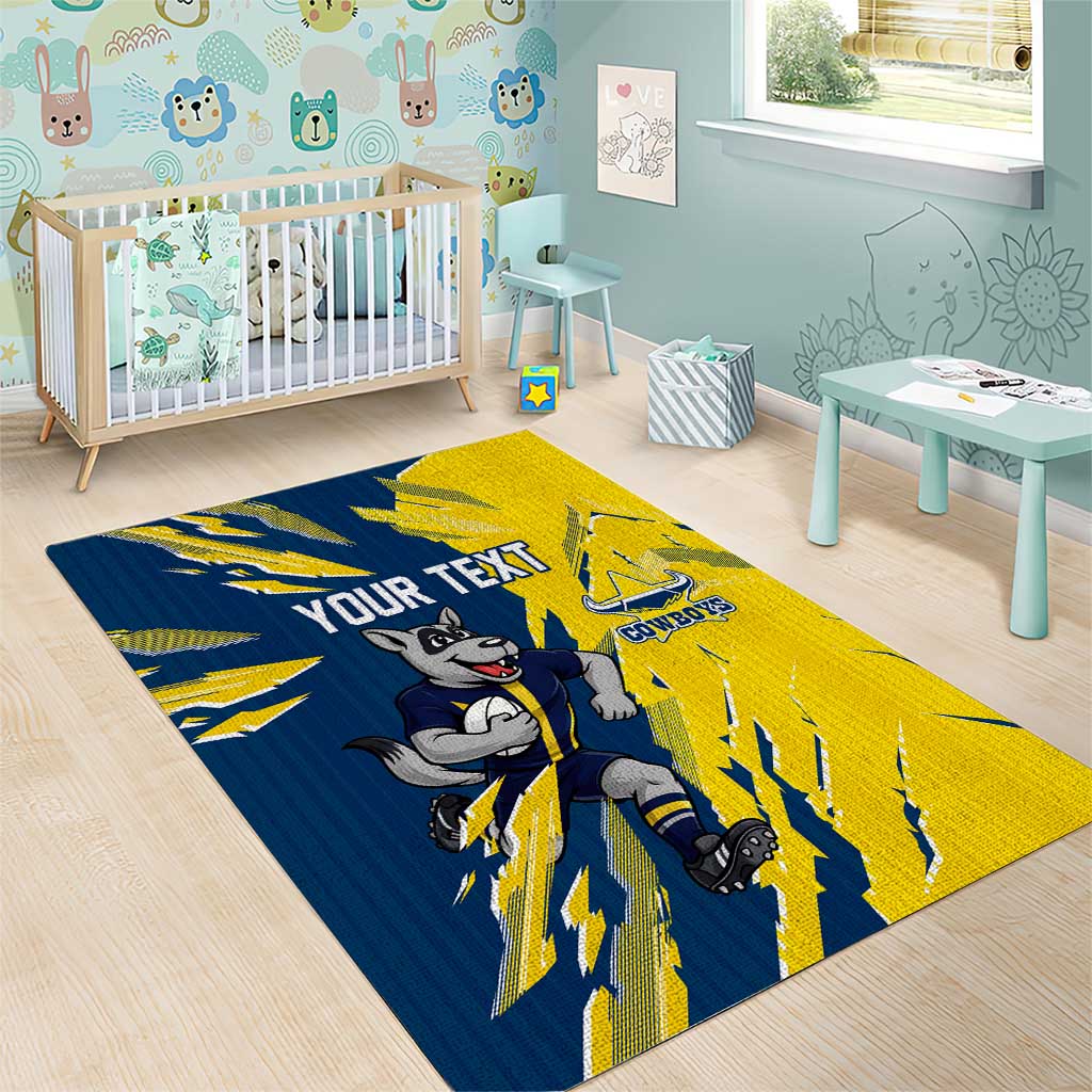 Personalized North Queensland Cowboys Area Rug Dynamic Lightning Mascot Rugby Australia