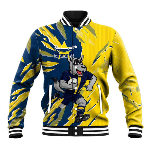Personalized North Queensland Cowboys Baseball Jacket Dynamic Lightning Mascot Rugby Australia