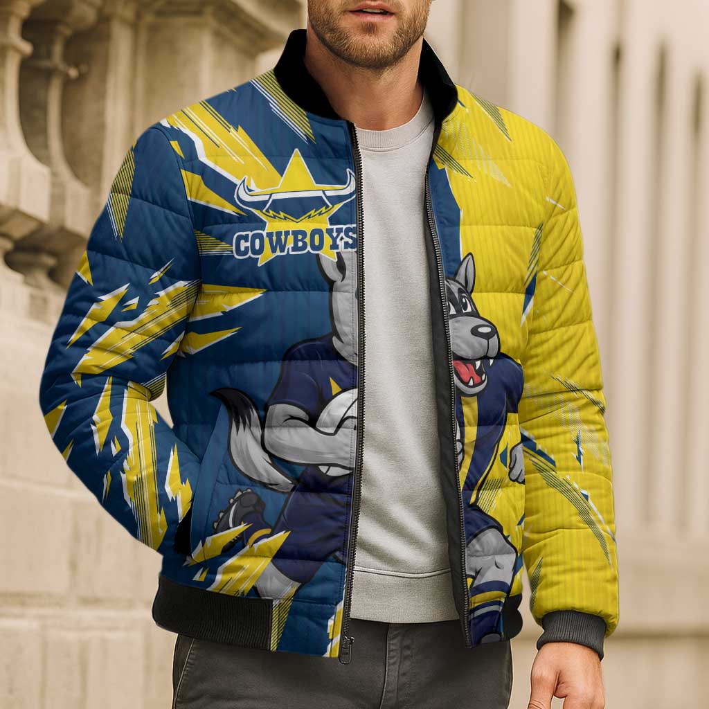 Personalized North Queensland Cowboys Bomber Puffer Jacket Dynamic Lightning Mascot Rugby Australia