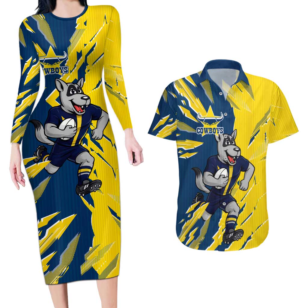 Personalized North Queensland Cowboys Couples Matching Long Sleeve Bodycon Dress and Hawaiian Shirt Dynamic Lightning Mascot Rugby Australia