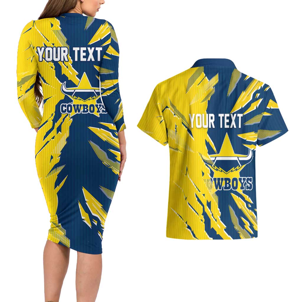 Personalized North Queensland Cowboys Couples Matching Long Sleeve Bodycon Dress and Hawaiian Shirt Dynamic Lightning Mascot Rugby Australia
