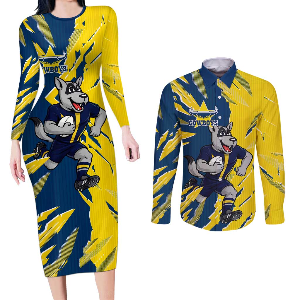 Personalized North Queensland Cowboys Couples Matching Long Sleeve Bodycon Dress and Long Sleeve Button Shirt Dynamic Lightning Mascot Rugby Australia