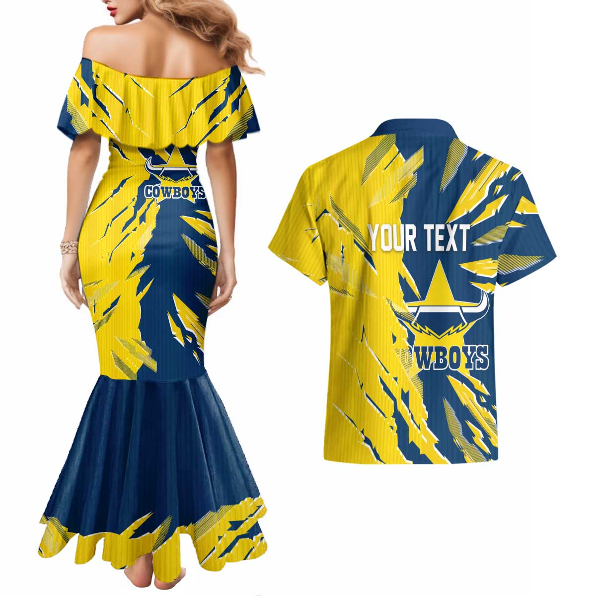 Personalized North Queensland Cowboys Couples Matching Mermaid Dress and Hawaiian Shirt Dynamic Lightning Mascot Rugby Australia