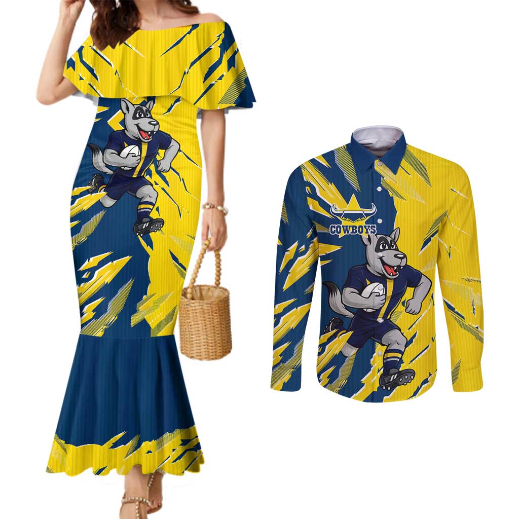 Personalized North Queensland Cowboys Couples Matching Mermaid Dress and Long Sleeve Button Shirt Dynamic Lightning Mascot Rugby Australia