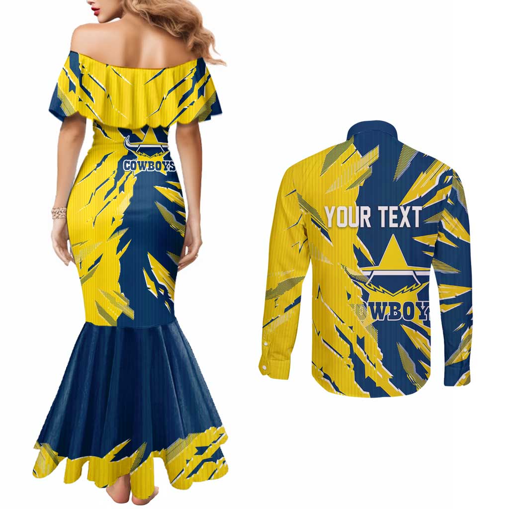 Personalized North Queensland Cowboys Couples Matching Mermaid Dress and Long Sleeve Button Shirt Dynamic Lightning Mascot Rugby Australia