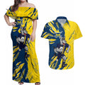Personalized North Queensland Cowboys Couples Matching Off Shoulder Maxi Dress and Hawaiian Shirt Dynamic Lightning Mascot Rugby Australia