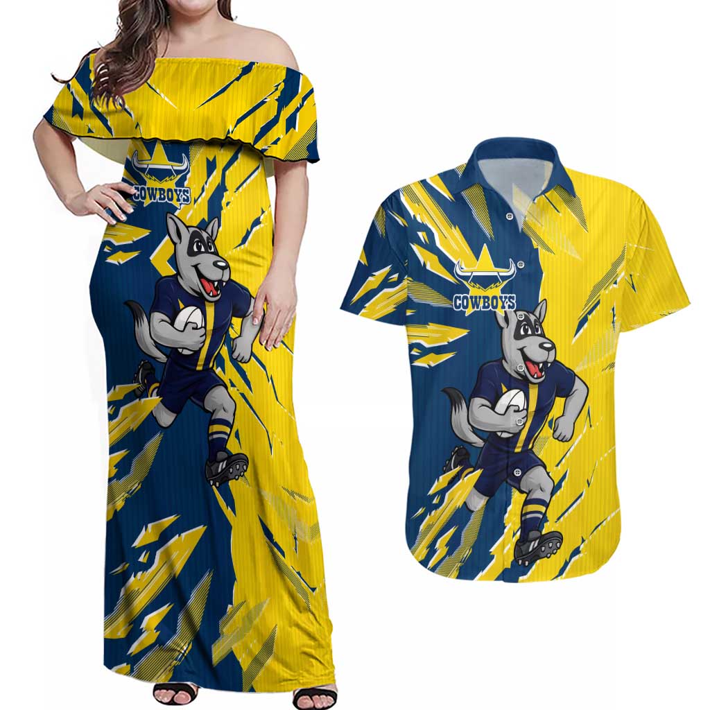 Personalized North Queensland Cowboys Couples Matching Off Shoulder Maxi Dress and Hawaiian Shirt Dynamic Lightning Mascot Rugby Australia