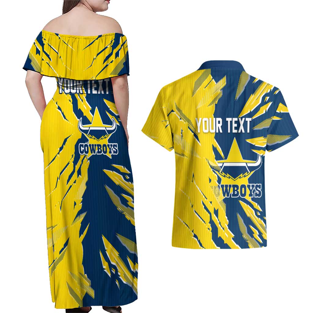 Personalized North Queensland Cowboys Couples Matching Off Shoulder Maxi Dress and Hawaiian Shirt Dynamic Lightning Mascot Rugby Australia