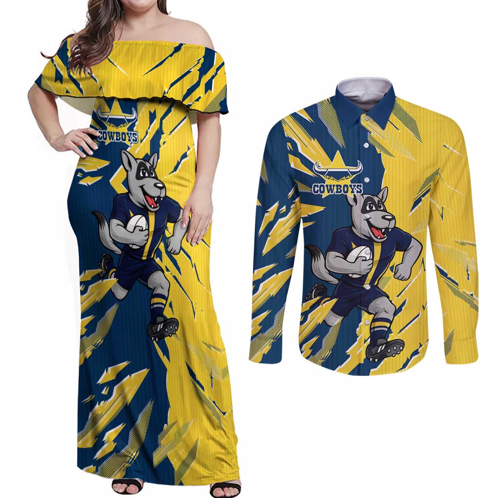 Personalized North Queensland Cowboys Couples Matching Off Shoulder Maxi Dress and Long Sleeve Button Shirt Dynamic Lightning Mascot Rugby Australia
