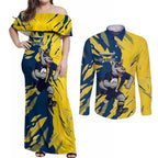 Personalized North Queensland Cowboys Couples Matching Off Shoulder Maxi Dress and Long Sleeve Button Shirt Dynamic Lightning Mascot Rugby Australia