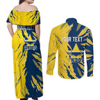 Personalized North Queensland Cowboys Couples Matching Off Shoulder Maxi Dress and Long Sleeve Button Shirt Dynamic Lightning Mascot Rugby Australia