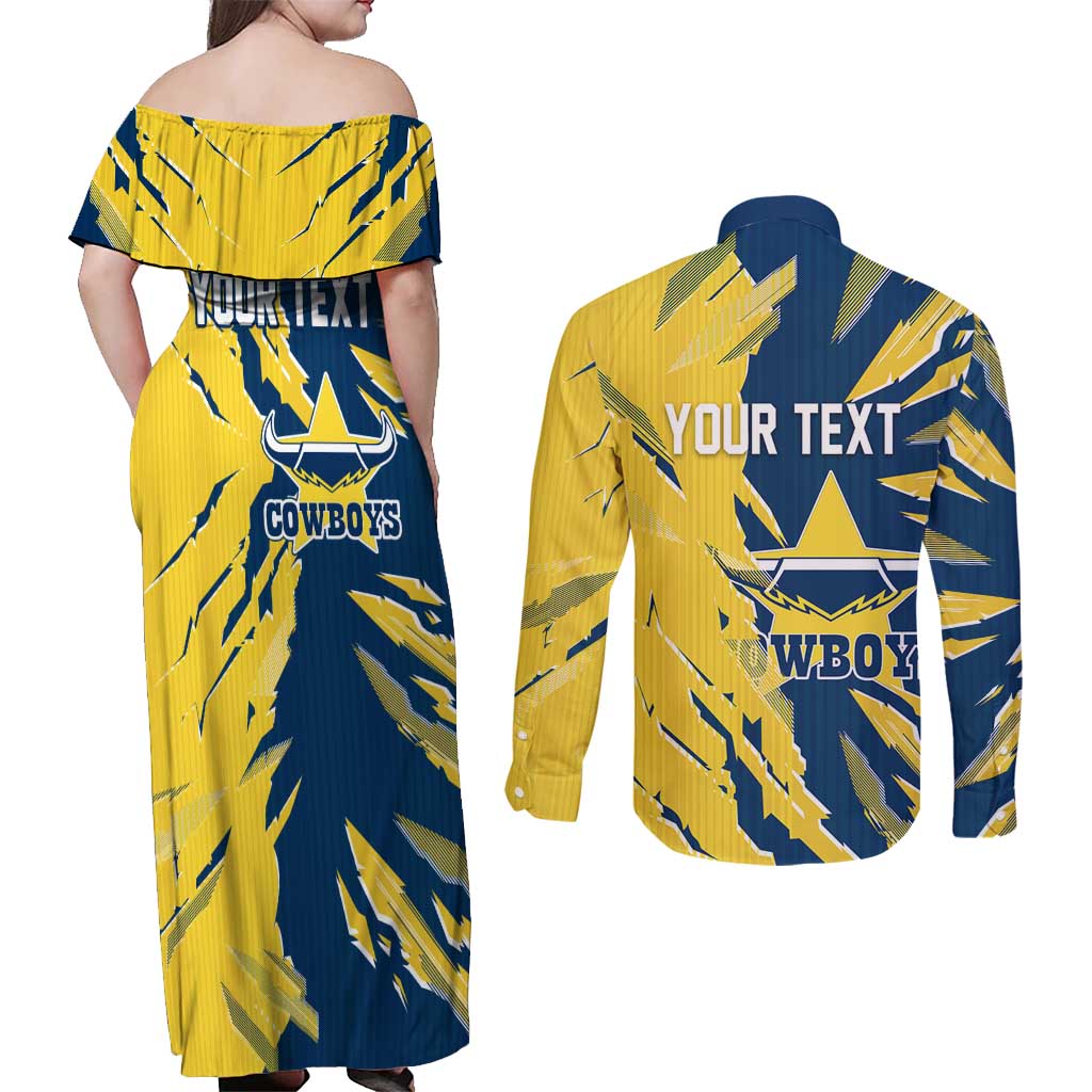 Personalized North Queensland Cowboys Couples Matching Off Shoulder Maxi Dress and Long Sleeve Button Shirt Dynamic Lightning Mascot Rugby Australia