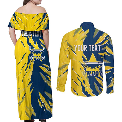 Personalized North Queensland Cowboys Couples Matching Off Shoulder Maxi Dress and Long Sleeve Button Shirt Dynamic Lightning Mascot Rugby Australia