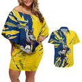 Personalized North Queensland Cowboys Couples Matching Off Shoulder Short Dress and Hawaiian Shirt Dynamic Lightning Mascot Rugby Australia