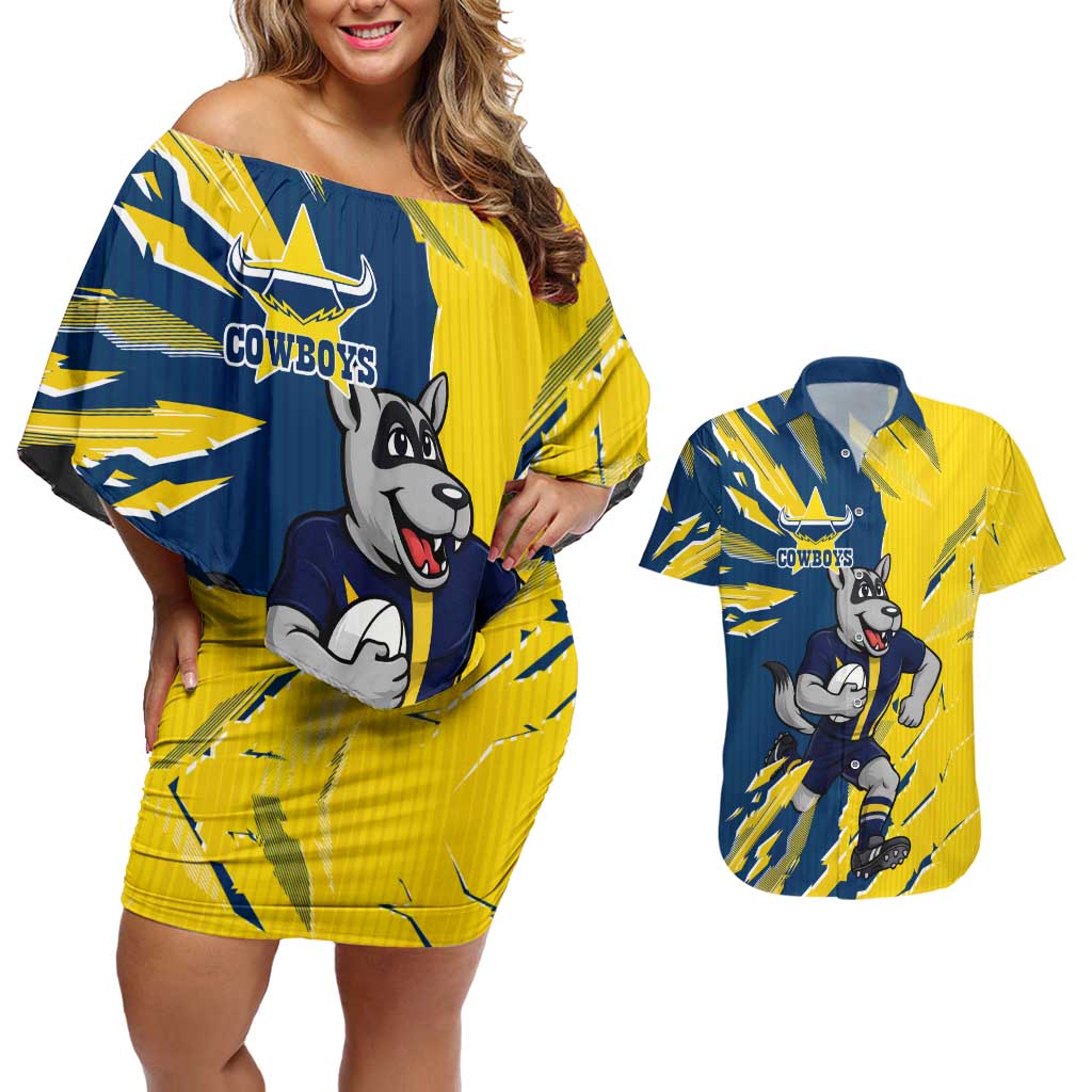 Personalized North Queensland Cowboys Couples Matching Off Shoulder Short Dress and Hawaiian Shirt Dynamic Lightning Mascot Rugby Australia