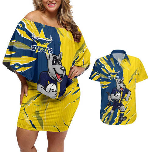 Personalized North Queensland Cowboys Couples Matching Off Shoulder Short Dress and Hawaiian Shirt Dynamic Lightning Mascot Rugby Australia