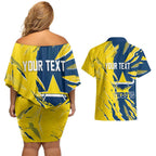 Personalized North Queensland Cowboys Couples Matching Off Shoulder Short Dress and Hawaiian Shirt Dynamic Lightning Mascot Rugby Australia