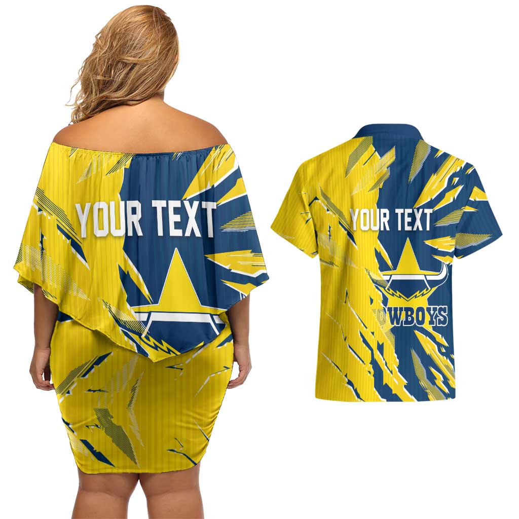 Personalized North Queensland Cowboys Couples Matching Off Shoulder Short Dress and Hawaiian Shirt Dynamic Lightning Mascot Rugby Australia