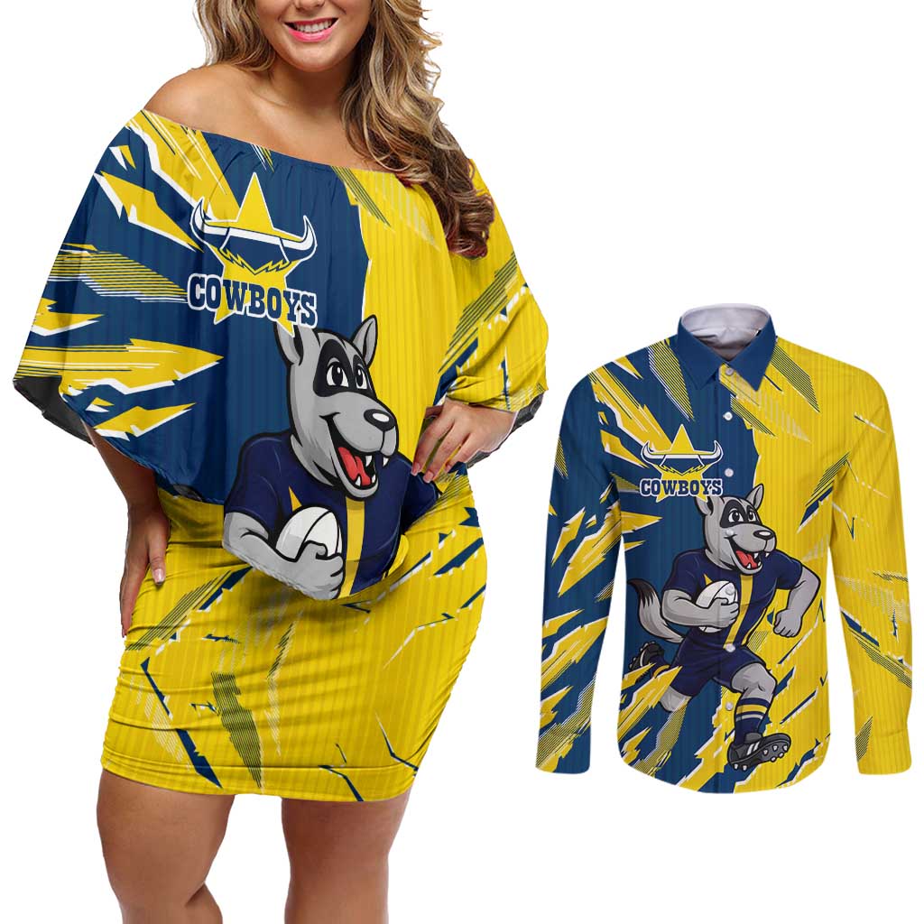 Personalized North Queensland Cowboys Couples Matching Off Shoulder Short Dress and Long Sleeve Button Shirt Dynamic Lightning Mascot Rugby Australia