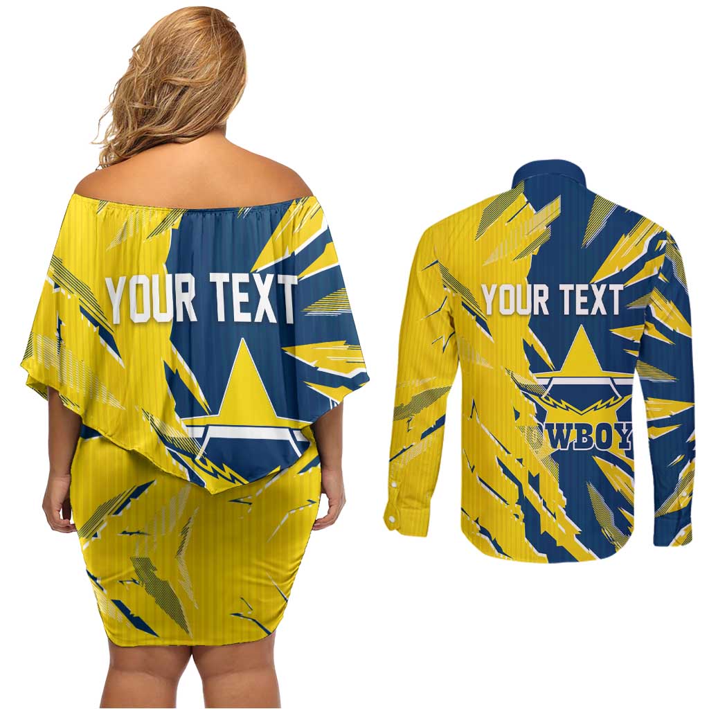 Personalized North Queensland Cowboys Couples Matching Off Shoulder Short Dress and Long Sleeve Button Shirt Dynamic Lightning Mascot Rugby Australia