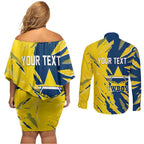 Personalized North Queensland Cowboys Couples Matching Off Shoulder Short Dress and Long Sleeve Button Shirt Dynamic Lightning Mascot Rugby Australia