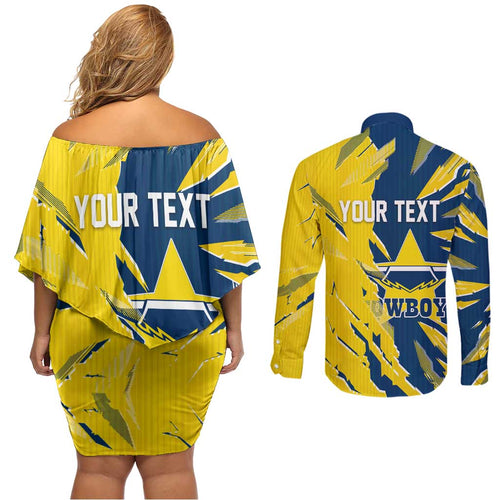 Personalized North Queensland Cowboys Couples Matching Off Shoulder Short Dress and Long Sleeve Button Shirt Dynamic Lightning Mascot Rugby Australia