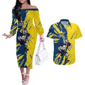 Personalized North Queensland Cowboys Couples Matching Off The Shoulder Long Sleeve Dress and Hawaiian Shirt Dynamic Lightning Mascot Rugby Australia