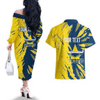 Personalized North Queensland Cowboys Couples Matching Off The Shoulder Long Sleeve Dress and Hawaiian Shirt Dynamic Lightning Mascot Rugby Australia