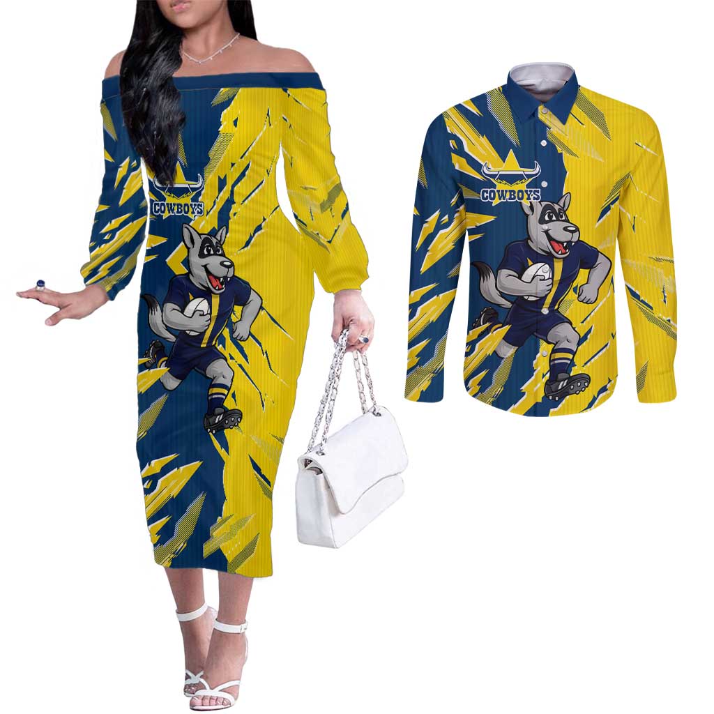 Personalized North Queensland Cowboys Couples Matching Off The Shoulder Long Sleeve Dress and Long Sleeve Button Shirt Dynamic Lightning Mascot Rugby Australia