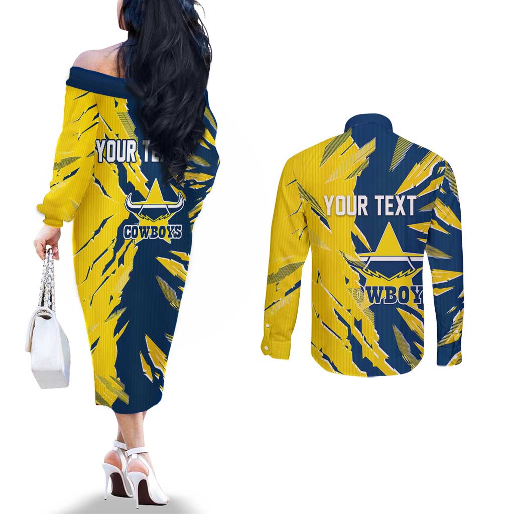 Personalized North Queensland Cowboys Couples Matching Off The Shoulder Long Sleeve Dress and Long Sleeve Button Shirt Dynamic Lightning Mascot Rugby Australia