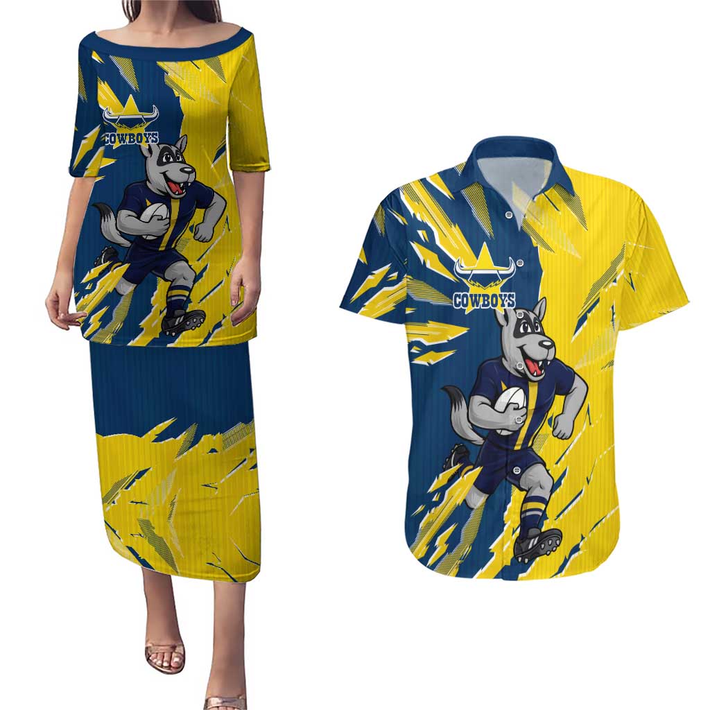 Personalized North Queensland Cowboys Couples Matching Puletasi and Hawaiian Shirt Dynamic Lightning Mascot Rugby Australia
