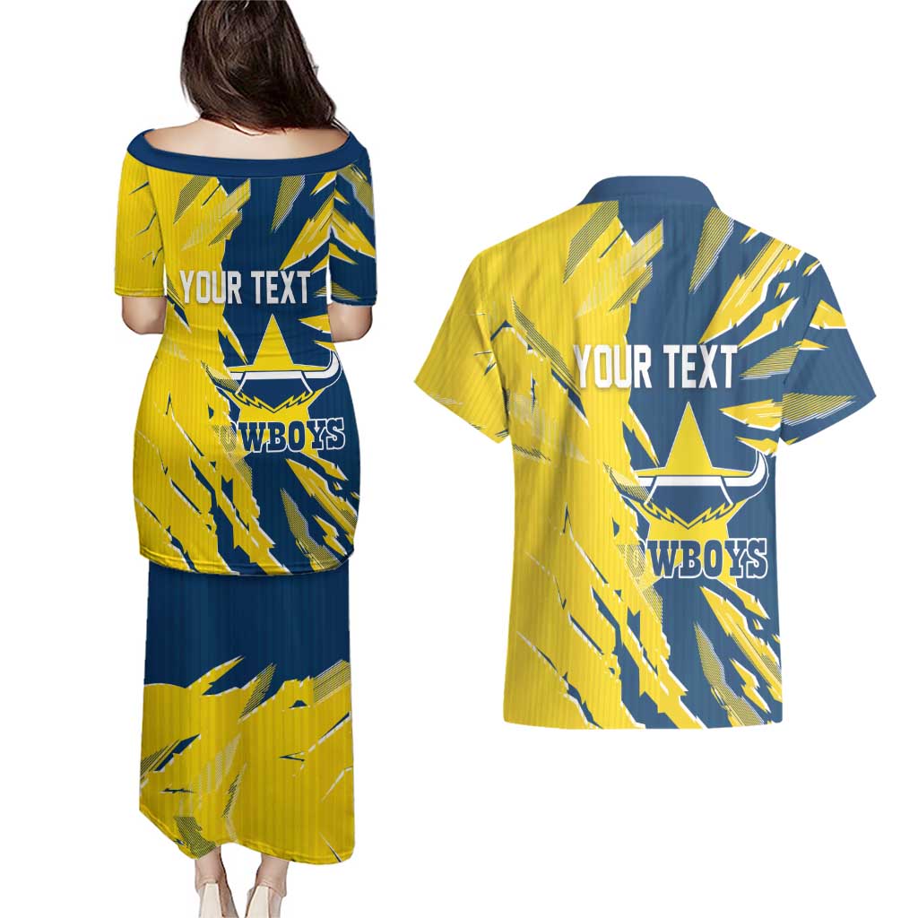 Personalized North Queensland Cowboys Couples Matching Puletasi and Hawaiian Shirt Dynamic Lightning Mascot Rugby Australia